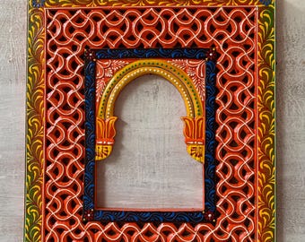Hand-Painted Wooden Jharokha Frame: Indian Wall Hanging Decor