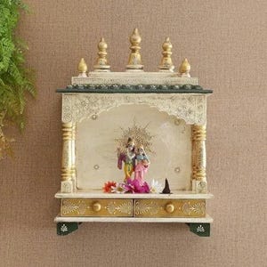 Divine Heritage Antique Finish Wood Mandir/ Embossed Painted Wall Shrine/Wall Mounted Worship Altar/White And Green Puja Ghar/Wooden Temple