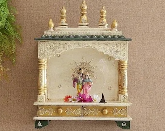 Embossed Painted Wood Mandir: Antique Finish Wall Shrine