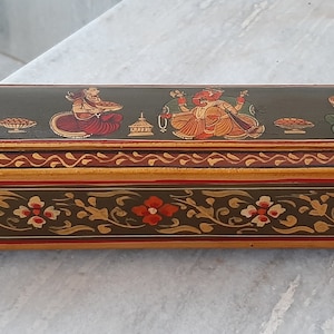 Vintage Wooden Lord Ganesha Painted Pen & Pencil Box/Handcrafted Natural Color Indian Painting/Home Decor/Traditional Trinket Storage Box