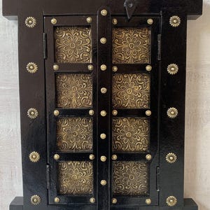 Wooden Window Jharokha/Black Painted Wall Hanging Window Frame/Brass Fitted Frame/Traditional Heavy Wall Door/Home Decor/Indian Furniture