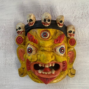 Wooden Hand Painted Yellow Face Mask Head Wall Hanging/Home Decor/Hand Painted /Indian Furniture/Indian Handicraft