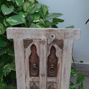 White Painted Wood Jharokha with Brass Fittings: Vintage Style Wall Decor