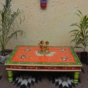 Wooden Indian Orange Design Chowki/Bajot/Low Table/Hand Painted/Floral Design/Bed Table/Handmade/Home Decor/Wood Stool/Rajasthani Handicraft
