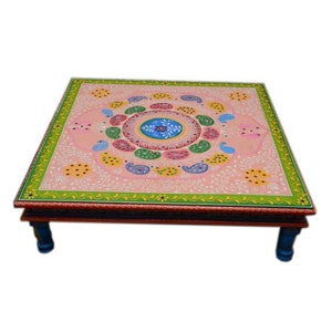 Wooden Indian Pink Painted Chowki/Bajot/Low Table/Hand Painted/Floral Design/Bed Table/Handmade/Home Decor/Wood Stool/Rajasthani Handicraft image 4