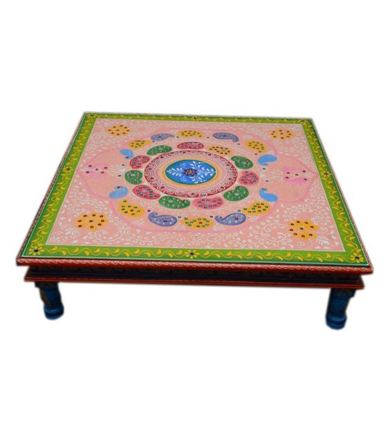 Wooden Indian Pink Painted Chowki/Bajot/Low Table/Hand Painted/Floral Design/Bed Table/Handmade/Home Decor/Wood Stool/Rajasthani Handicraft image 4