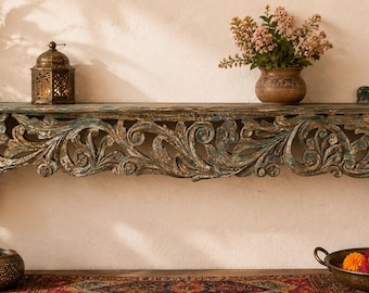 Carved Wooden Wall Shelf – Vintage Indian Display Shelf - Rustic Boho Home Decor
