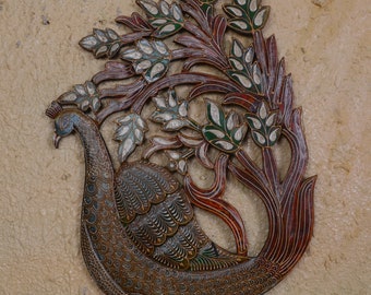 Carved Wood Peacock Wall Decor: Embossed Indian Art