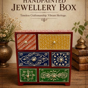 May include: A hand-painted jewelry box with six drawers in red, yellow, blue, and green. Each drawer features a unique white floral design and a small, round knob. The text on the box reads "HANDPAINTED JEWELLERY BOX".