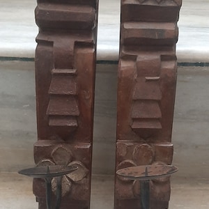 Old Wooden Wall Hanging Candle Holder/Hand Carved Rustic Wall Decor/Home Decor/Antique Candlestick Holder/Indian Furniture/Iron Hooks Pair