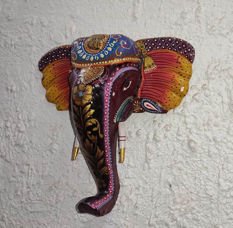 Hand Carved Multicolor Wooden Elephant Head/wall Hanging Etsy