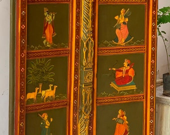 Handcrafted Indian Wooden Door: Lord Krishna Painting, Mythology Frame