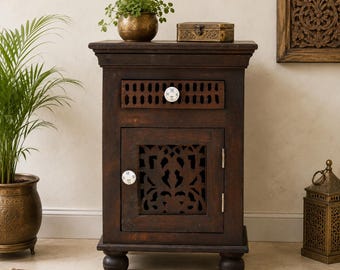 Wooden Bedside Cabinet – Hand Carved Indian Nightstand, Rustic Side Table