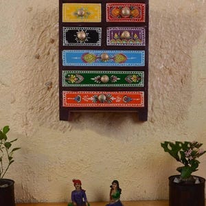 Hand Painted Indian Cupboard, Embossed Work Drawer, Wall Hanging,Jewellery Box,Wooden box,Trinket Box, Indian Handicraft, Seven  Drawer