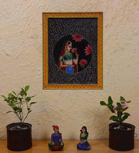 Indian Carved Wood Wall Panel: Royal Lady Painting, Antique Style Decor