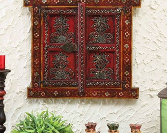 Wooden Red Window/Wall Hanging Painted Jharokha/Wooden Wall Decor/Decoration/Rajasthani Hand Carved Frame/Festival Indian Traditional Window