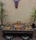 Hand Painted Bajot/Wooden Indian Black Yellow Chowki/Wood Stool/Indian Low Table/Religious Pooja Table/Festival Gift/Rajasthani Handicraft
