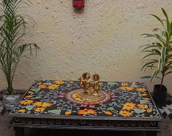Hand Painted Indian Wood Stool: Black Yellow Floral Chowki