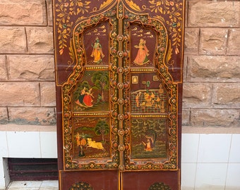 Antique Rajasthani Wooden Door: Hand-Painted Krishna Decor