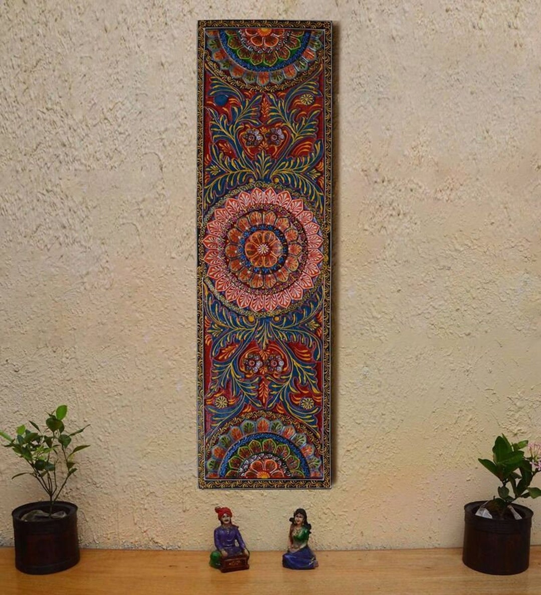 Indian Wood Wall Panel/antique Finish Painted Panel/ethnic Bed Head