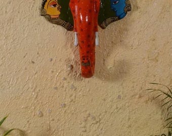 Hand Painted Wooden Elephant Head Wall Hanging: Ethnic Ganesha Figurine