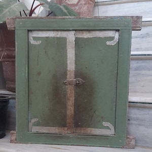 Handcrafted Wooden Antique Window/Old Hand Painted Jharokha/Rustic Indian Window/Green Wall Decor/Rustic Home Decor Accent/Handmade Window