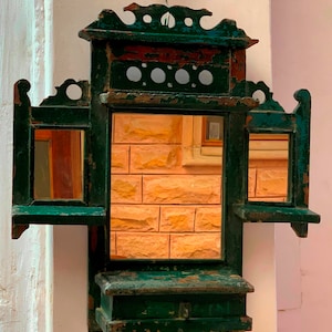 Indian Dressing Mirror/Wall Hanging Frame With Drawer/Antique Wall Mirror/Old Mirror Jharokha/Festival Decor/Distressed Green Painted Frame