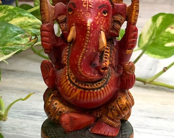 Multicolor Wooden Painted Lord Ganesha Statue/Hand Carved Kadam Wood Hindu Elephant God/Religious Ganapati Figurine/Home Decor/Festival Gift