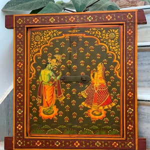 Hand Painted Dancing Lord Krishna With Radha Picture Old Beautiful Wooden Window Antique Wall Hanging Jharokha Fine Radha Krishna Wall Frame
