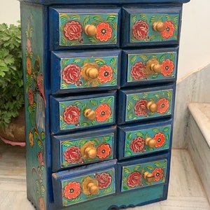 Traditional Hand Painted Wooden Storage Cabinet/Blue Storage Table/10 Drawer Chest/Ideal for Any Room Decor/Handcrafted Indian Furniture