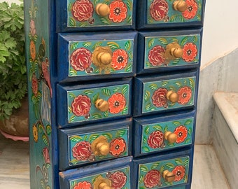 Hand Painted Wooden Cabinet: 10-Drawer Indian Storage Chest