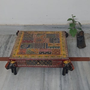 Multicolor Wooden Bajot/Elephant Head Painted Chowki/Embossed Painting Stool Drawer/Indian Furniture/Choki Stool/Indian Handicraft Decor