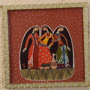 Vintage Tribal Women&#39;s Painting: Handcrafted Wood Wall Decor