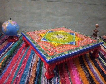 Hand Painted Indian Wooden Table: Traditional Puja Chowki Bajot