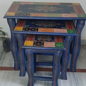 Handmade Wooden Nesting Tables: Floral Embossed Indian Decor, Set of 3