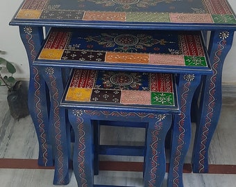 Wooden Floral Embossed Painted Table/Wooden Handicraft Nesting Tables/Indian Ethic Style Set of 3 Stools/Indian Furniture/Wooden Home Decor