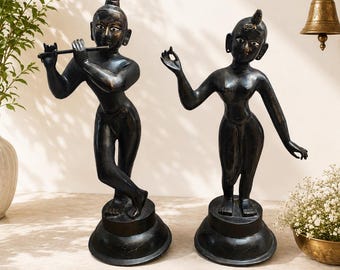 Brass Radha Krishna Statue, Indian Hindu Deity Figurines, Krishna Flute Sculpture, Traditional Home Decor