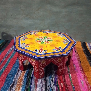 Wooden Handcrafted Multi Color Octangle Shape,Wooden Chowki,And Indian Low Stool,Home Decor,Indian Furniture