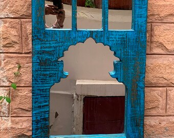 Blue Painted Wood Big Frame/Old Wooden Mirror Frame/The Beauty of a Reclaimed Wood Frame/Distressed Heavy Furniture/Wall Hanging Mehrab Art