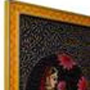 May include: A framed painting depicting a woman with long dark hair, wearing a red dress and a red flower crown. The background features a dark green and black floral pattern.