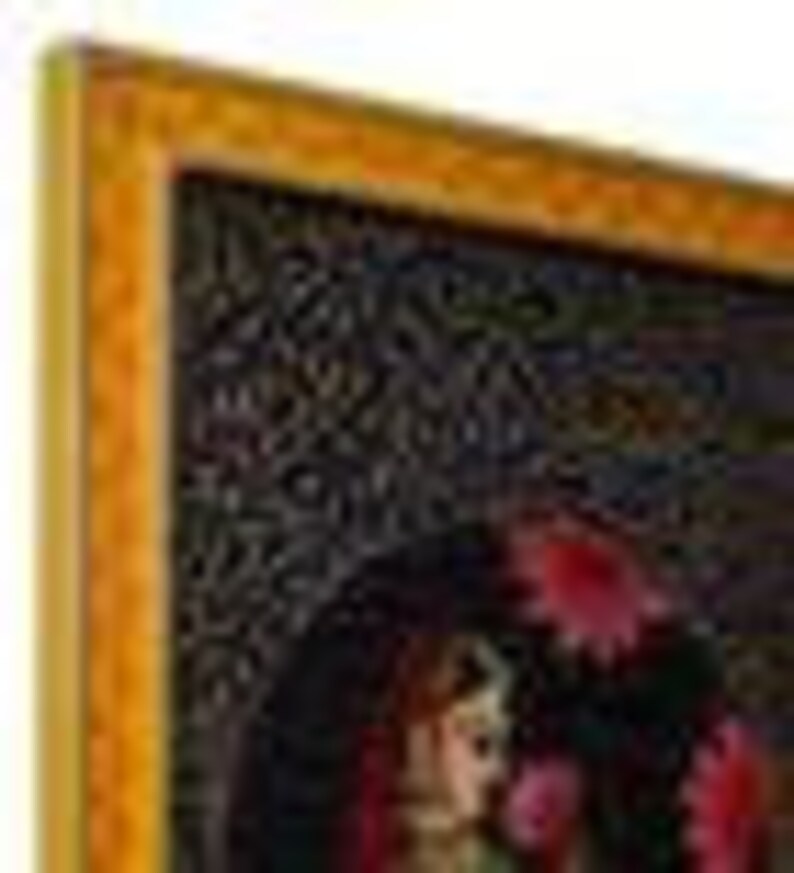 May include: A framed painting depicting a woman with long dark hair, wearing a red dress and a red flower crown. The background features a dark green and black floral pattern.