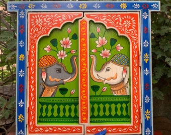 Hand-Painted Elephant Wall Jharokha: Indian Wooden Window Hanging