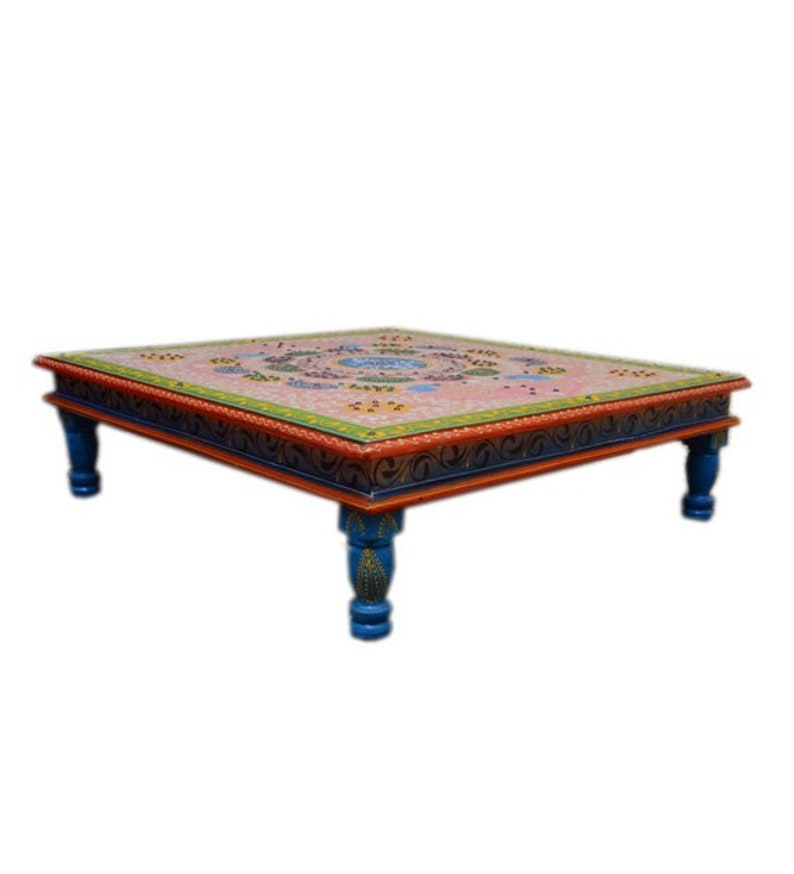 Wooden Indian Pink Painted Chowki/Bajot/Low Table/Hand Painted/Floral Design/Bed Table/Handmade/Home Decor/Wood Stool/Rajasthani Handicraft image 6