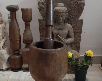 再生チーク材のすり鉢とすりこぎ：インドのスパイスグラインダー、素朴