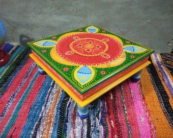 Hand Painted Indian Chowki Stool: Antique Wooden Bajot Table