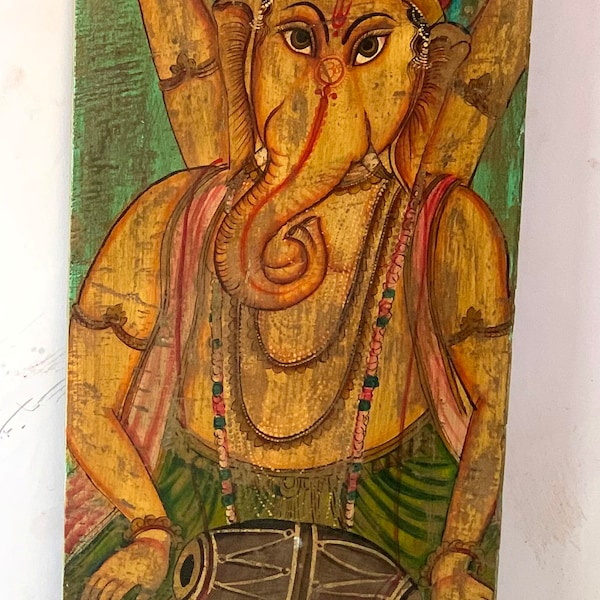 Ręcznie robiony drewniany panel Ganesha: antyczna hinduska sztuka ścienna
