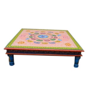 Wooden Indian Pink Painted Chowki/Bajot/Low Table/Hand Painted/Floral Design/Bed Table/Handmade/Home Decor/Wood Stool/Rajasthani Handicraft image 3