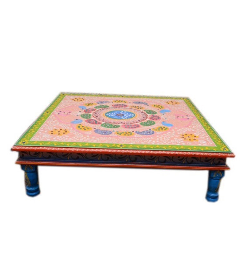 Wooden Indian Pink Painted Chowki/Bajot/Low Table/Hand Painted/Floral Design/Bed Table/Handmade/Home Decor/Wood Stool/Rajasthani Handicraft image 3