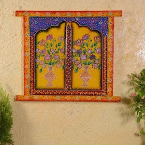 Hand-Painted Wooden Jharokha: Antique Indian Window Wall Decor