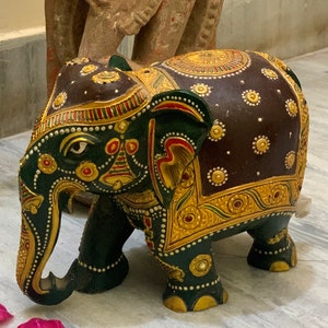 Kadam Wood Hand Carved Elephant Statue/Beautiful Embossed Painted Animal Figurine/Home Decor/Vintage Indian Standing Elephant Sculpture Art